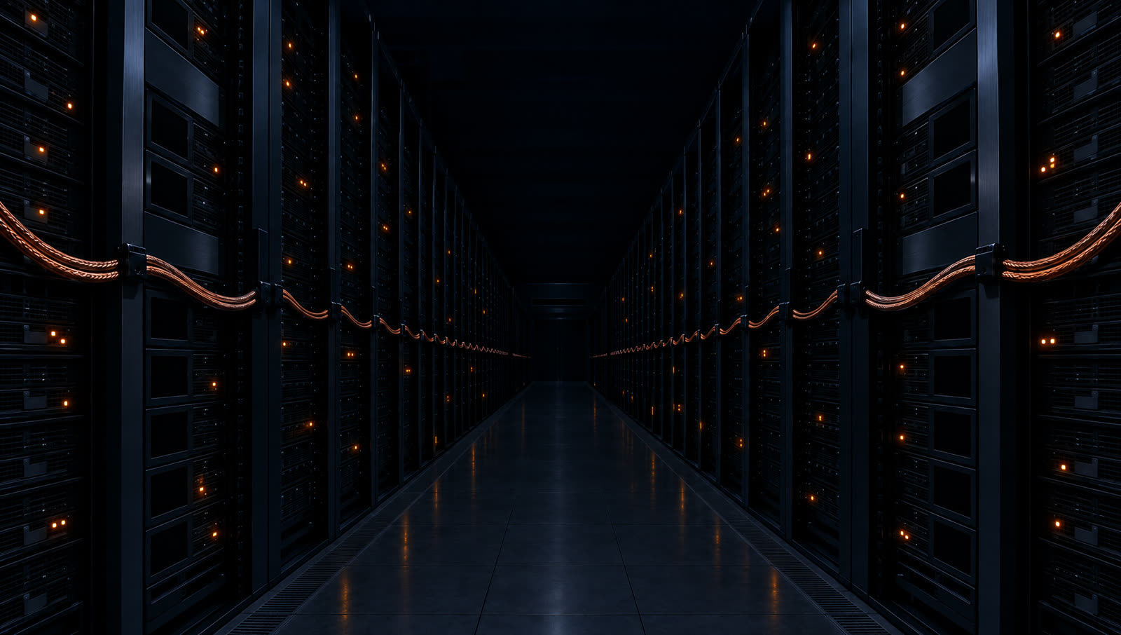 A dark data-center aisle with amber standby lights and copper cable harnesses