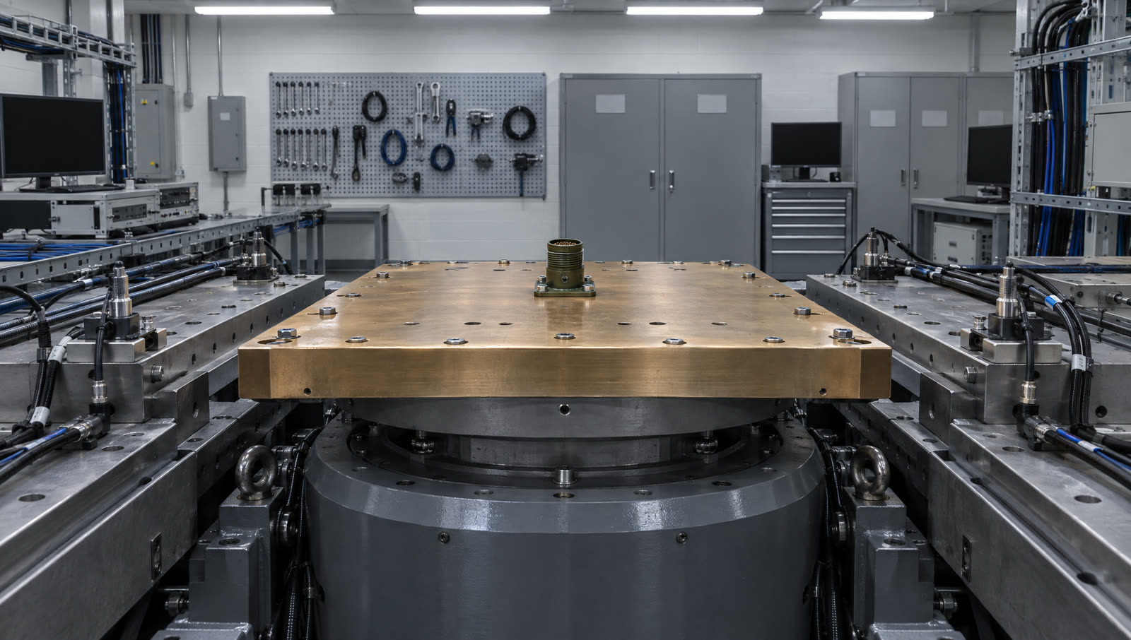 A vibration test table with a small connector bolted at its center