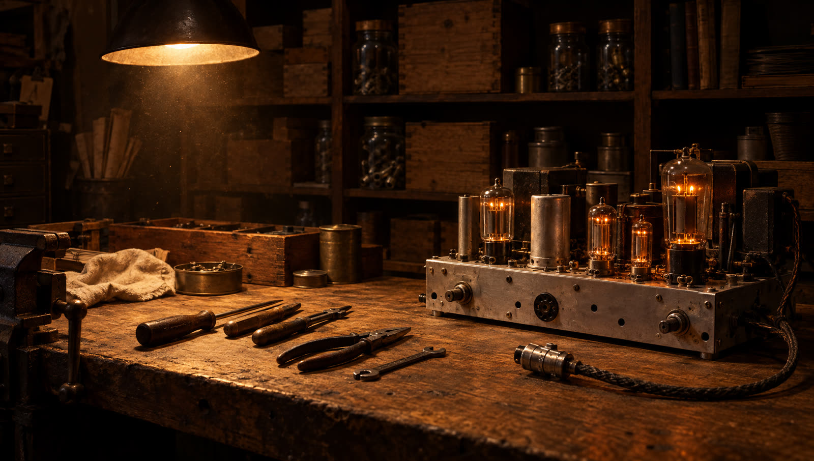 A 1932 radio workshop bench with glowing vacuum tubes