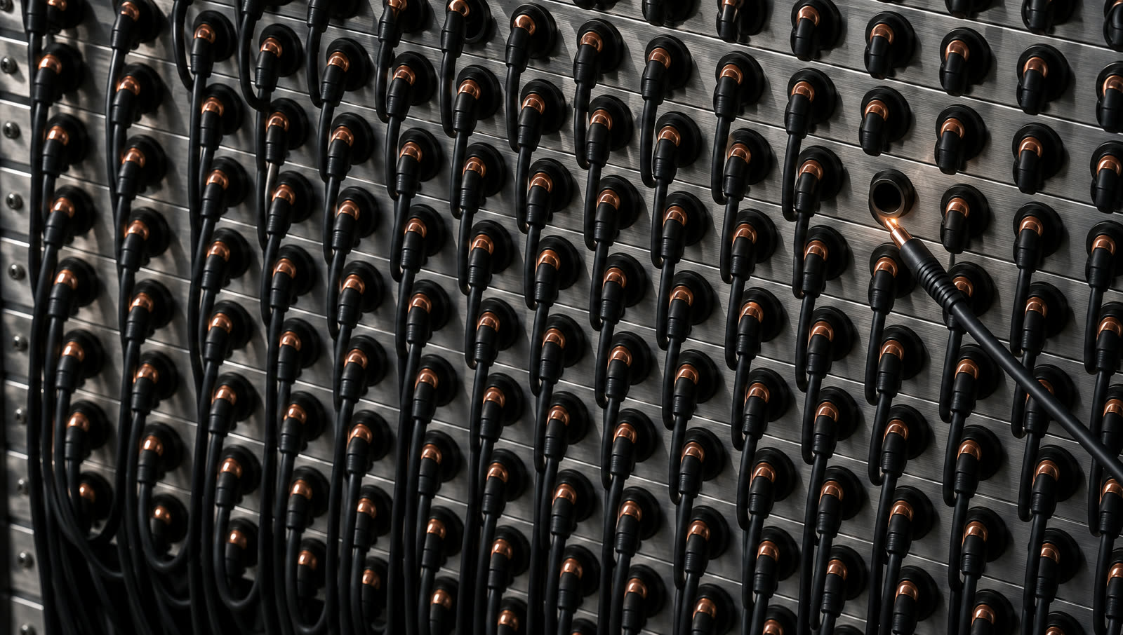 A dense patch field of black sockets with one copper-tipped cable held mid-air