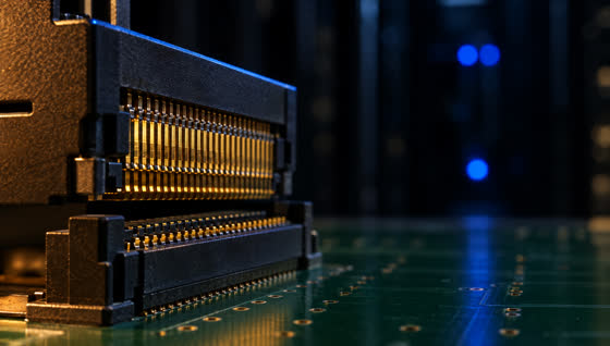 Macro of a backplane connector half seated on a board