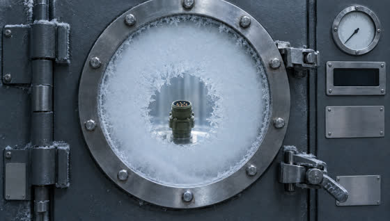 A frosted chamber porthole with the connector visible through melted ice