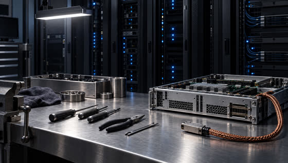 A modern steel bench with a server tray at the mouth of a data aisle